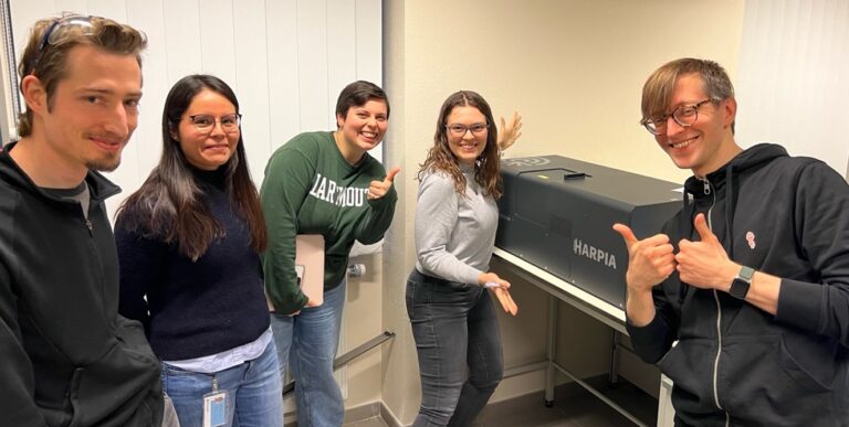 Prof. Troian-Gautier’s group. From left to right: Dr. Felix Glaser, Dr. Ana Karem Vega Salgado, Céline Bourgois, Ir. Noémie Chantry, and Kipras Redeckas, Light Conversion’s R&D Program Manager and creator of HARPIA-LIGHT. Prof. Ludovic Troian-Gautier is kindly taking the photo.