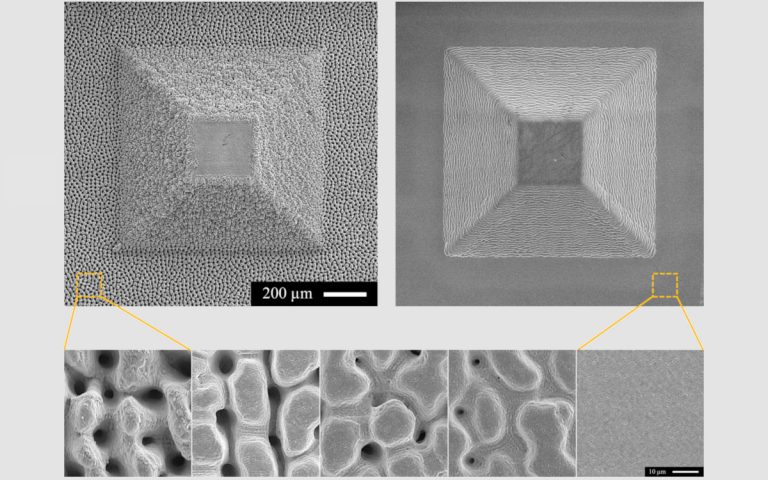 SEM image collage of structures ablated in stainless steel, before and after laser polishing