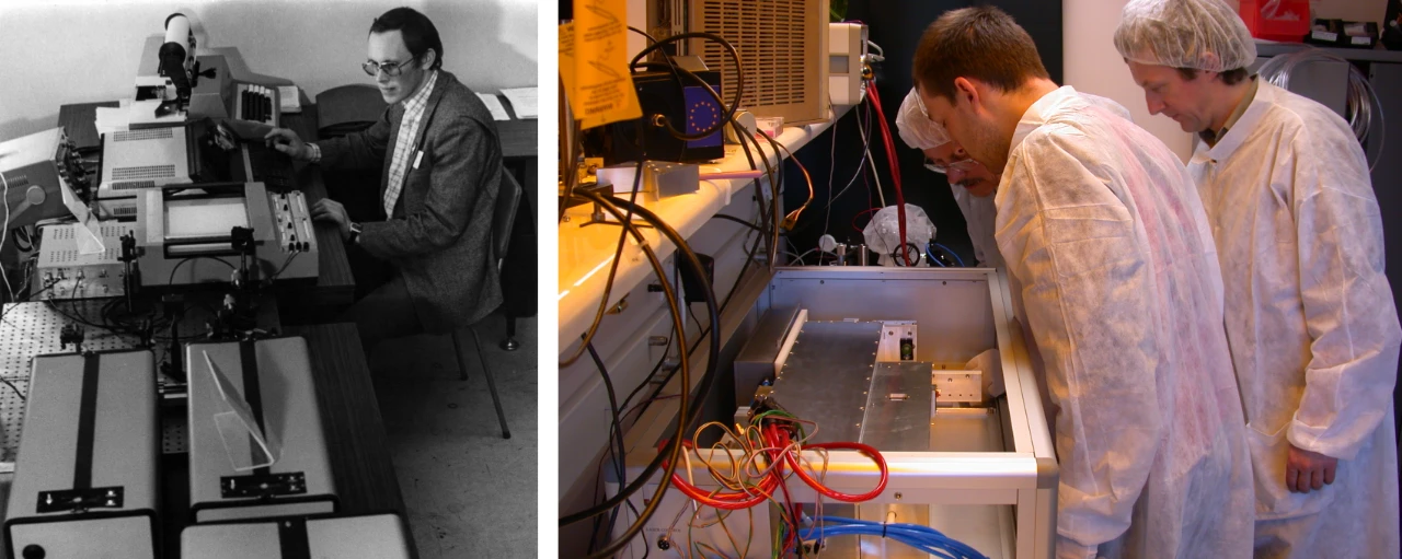 Dr. R. Danielius at Vilnius University laboratory, 1980s. Development of the first PHAROS femtosecond laser at Light Conversion, 2006.