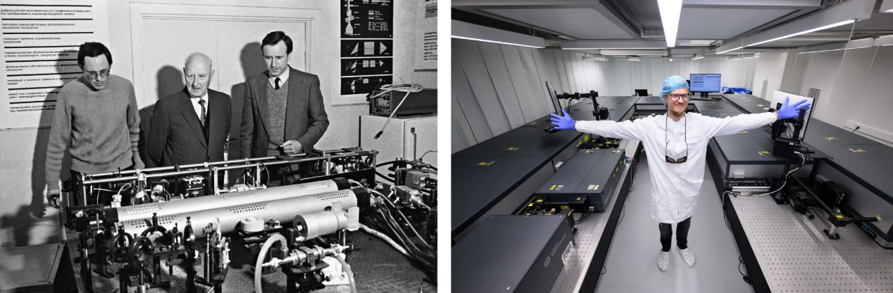 Dr. Romas Danielius and Prof. Dr. Algis P. Piskarskas in Vilnius University laboratory, 1982. <br>
Light Conversion’s laser engineer T. Juodagalvis next to the dual-OPCPA system for Lund University, 2023.