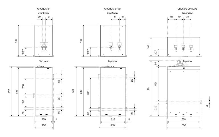 CRONUS-2P、CRONUS-2P-XR 和 CRONUS-2P-DUAL 的尺寸对比图