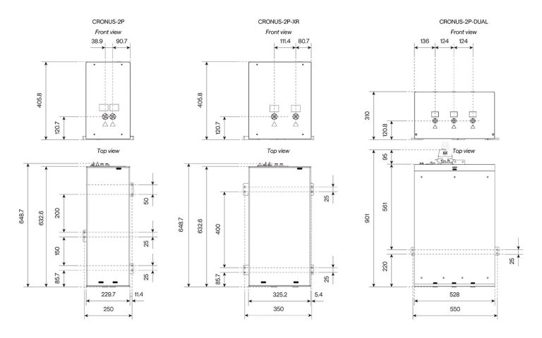Drawing of CRONUS-2P, CRONUS-2P-XR and CRONUS-2P-DUAL for size comparison