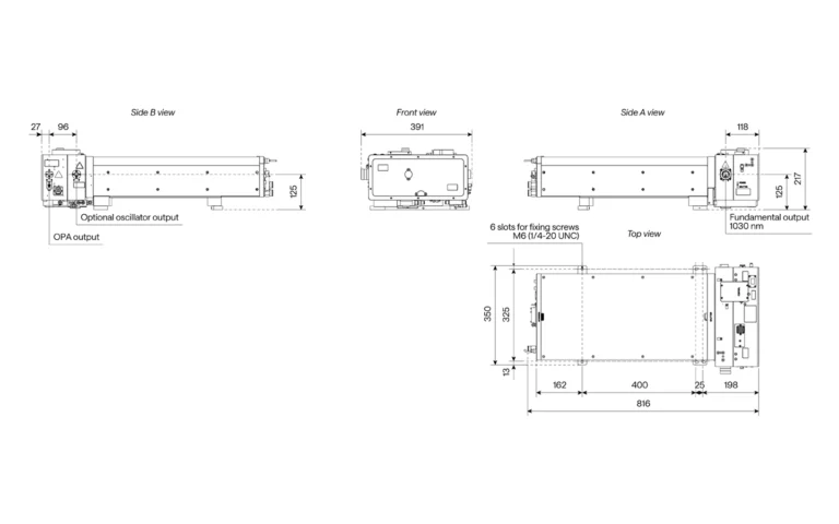 配有波长可调/固定 I-OPA-HP 的 CARBIDE-CB3 激光器的轮廓图及出光口