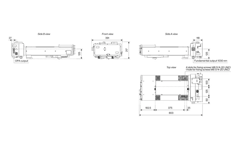 配有波长可调/固定 I-OPA-HP 的 CARBIDE-CB5 激光器的轮廓图及出光口